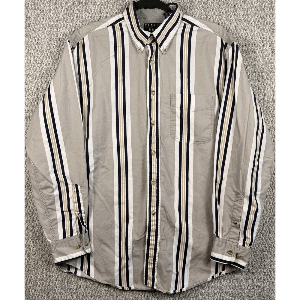 Vintage 90s Trader Bay Striped Button Down Shirt Mens M Beige Preppy Coastal